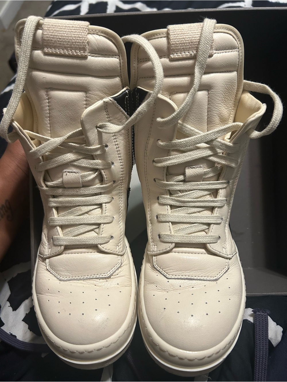 Rick Owens Cream/Black High-Top Sneakers